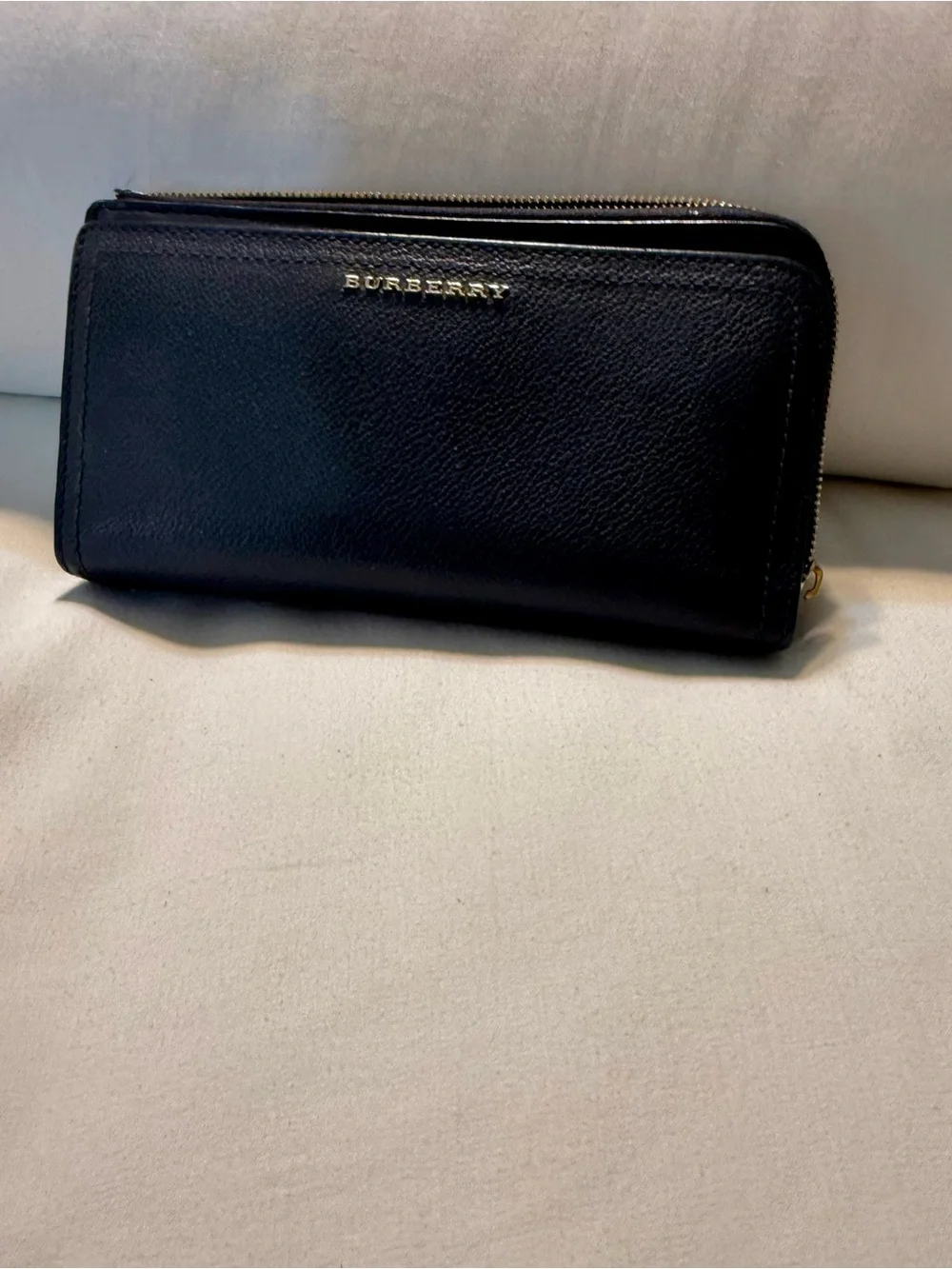 Burberry Navy Blue Leather Zip-Around Wallet with Gold Logo